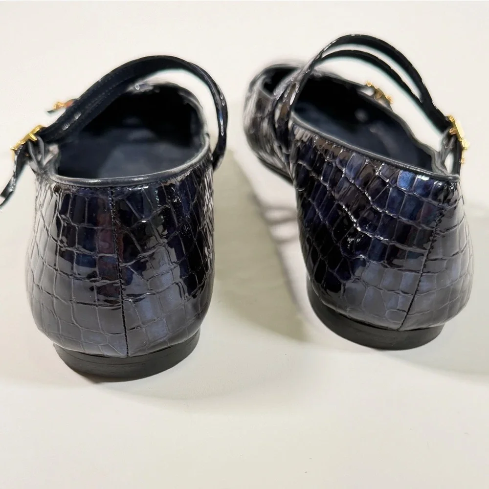 Sarah Flint Navy Croc Embossed Leather Mary Jane Flat 39.5 US 9 Old Money Luxury